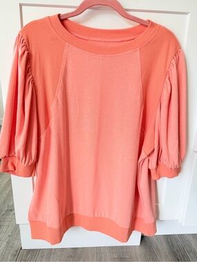 Grace & Lace Two-Toned Coral Puff Sleeve Top, Size Large, New